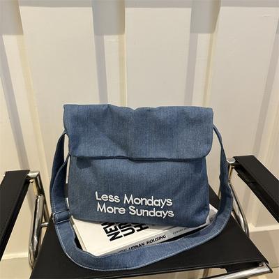 Vintage American Denim Bag Large Capacity Alphabet Shoulder Bag Student Class Commuter Versatile Messenger Tote Bag