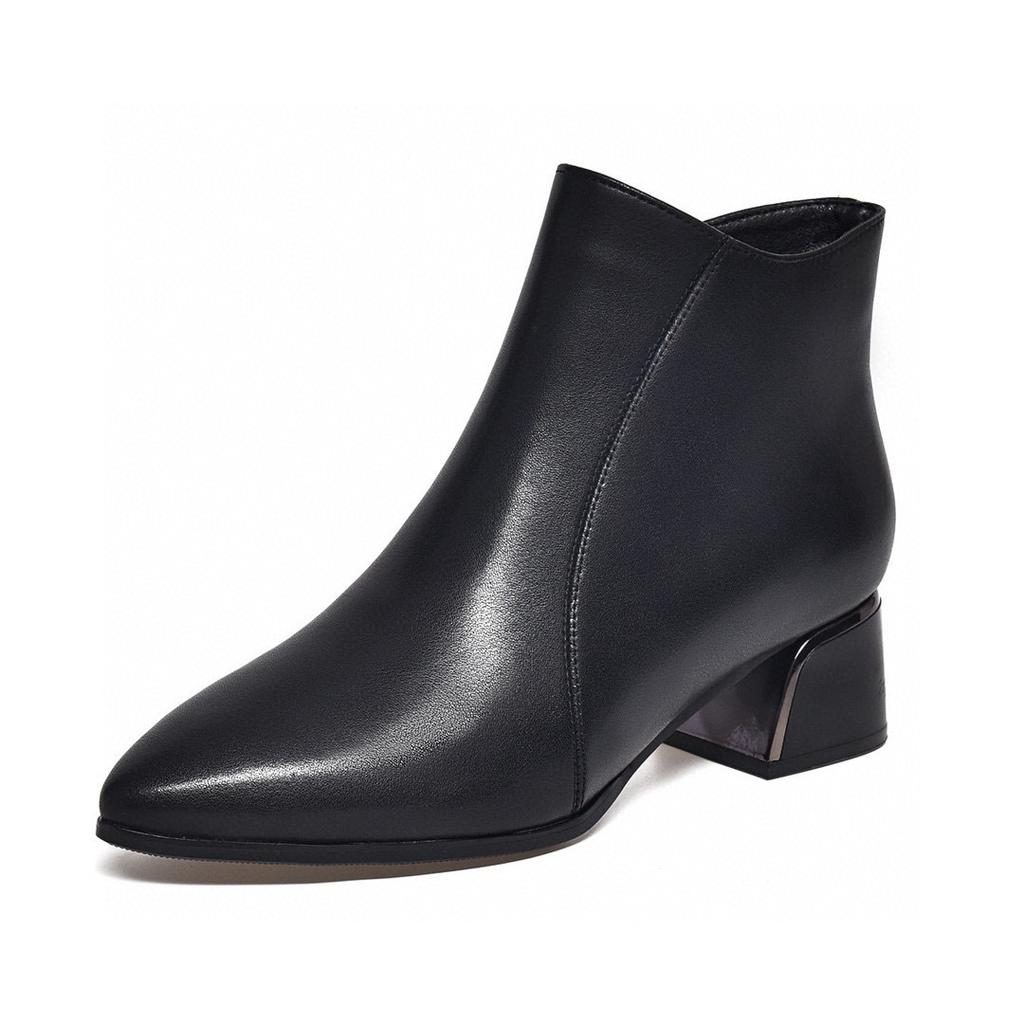 Leather Boots Women's Autumn and Winter Ankle Boots Pointed Head Thick Heel Temperament Short Boots Simple Cowhide Medium Heel Women's Fashion Boots