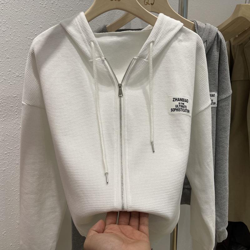 Waffle Sweater Women's Thin Loose and Thin Long-sleeved Cardigan Hooded Short High-waisted Jacket