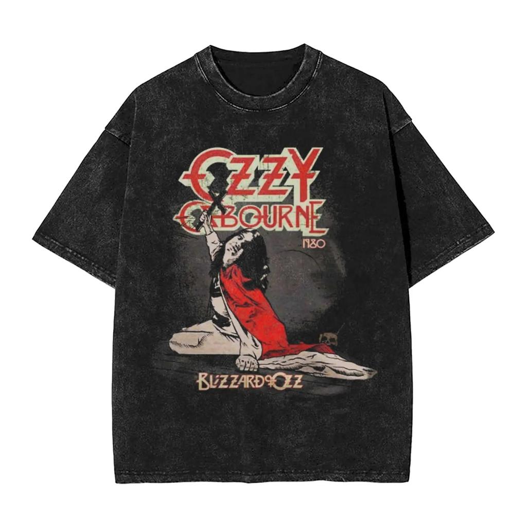 T-shirt Vintage Oversize a Maniche Corte Lavaggio Acido con Stampa Grafica Collage Retro Banda Ozzy Osbourne Blizzard of Ozz