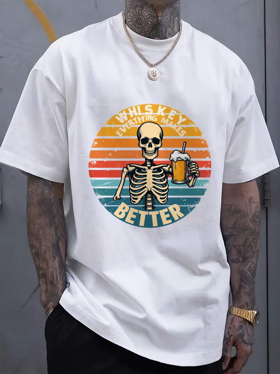 Unisex s T-Shirt White Skeleton Whiskey Print Casual Wear XL