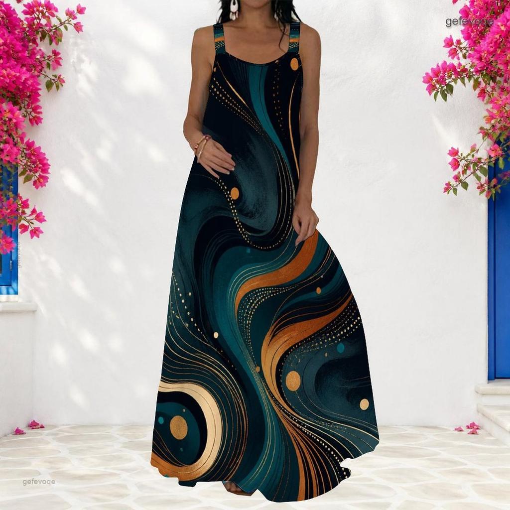 Women Plus Size Scoop Neck Strappy Sleeveless Colorful Printed A Line Maxi Dress