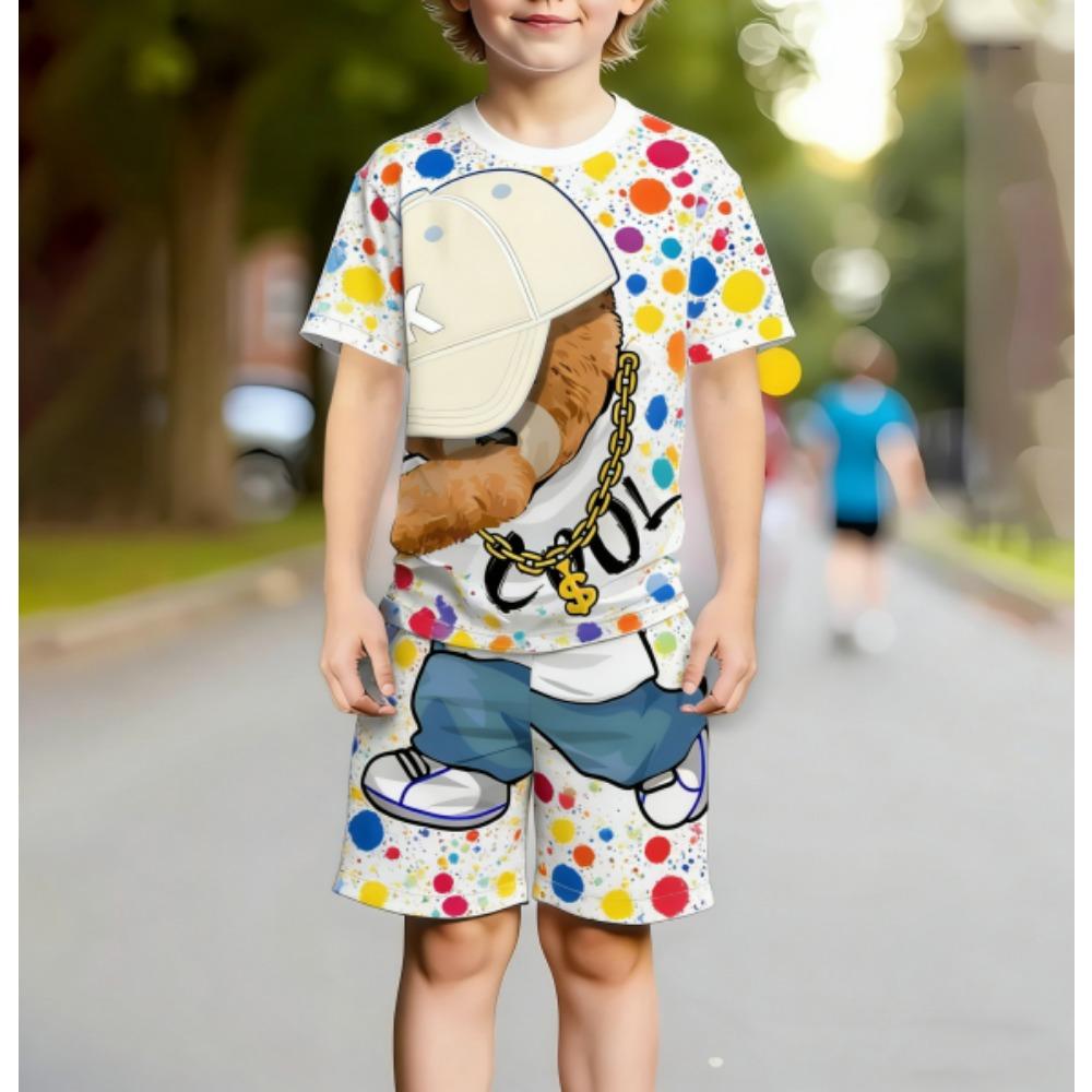 Europe and America Hip Hop Bear Men's Set Summer Men's T-shirt and Shorts 2 Piece Set Outdoor Casual Men's and Women's Outfit