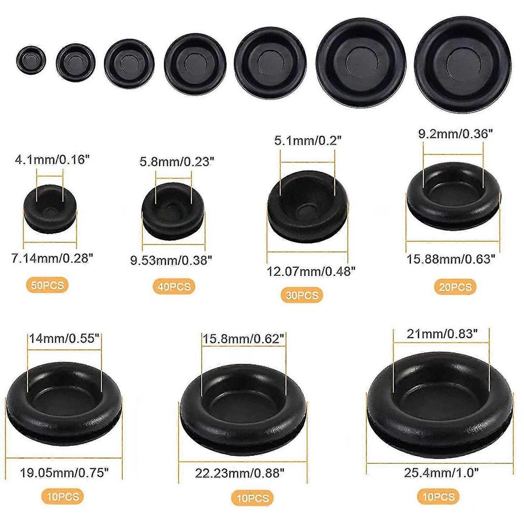 170pcs Rubber Grommet Kit 7 Sizes Firewall Hole Plug Electrical Wire Gasket Kit For Auto Car Wire Plug And Cable, Black - DD