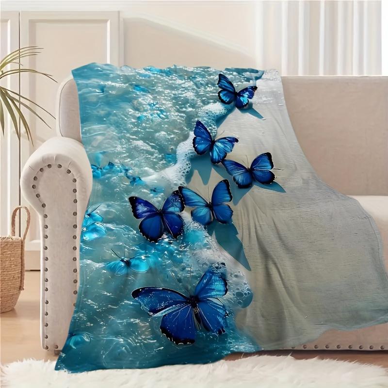 Glam Style Animal Theme Blue Butterfly Print Flannel Throw Blanket - Hypoallergenic, Tear Resistant, Multipurpose All-Season Kni