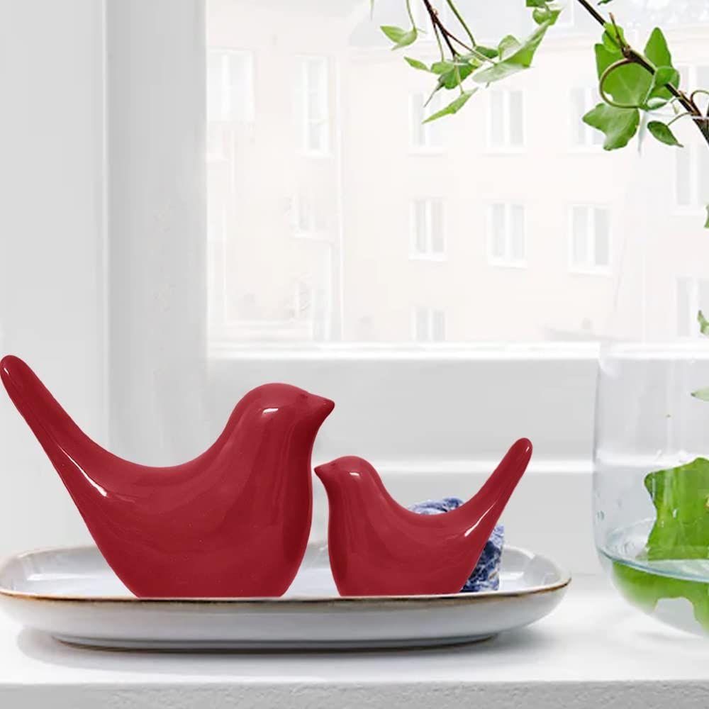 Creative Red Glossy Ceramic Birds Figurines Home Decorations Accessories Party (Pack of 2, Red)
