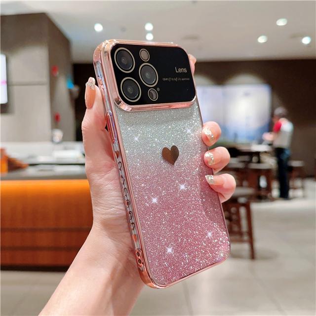 Luxury Plating Heart Love Bumper Flash Gradual Phone Case For iPhone 14 13 12 11 Pro Max Lens Protector On 14 Plus Glitter Cover