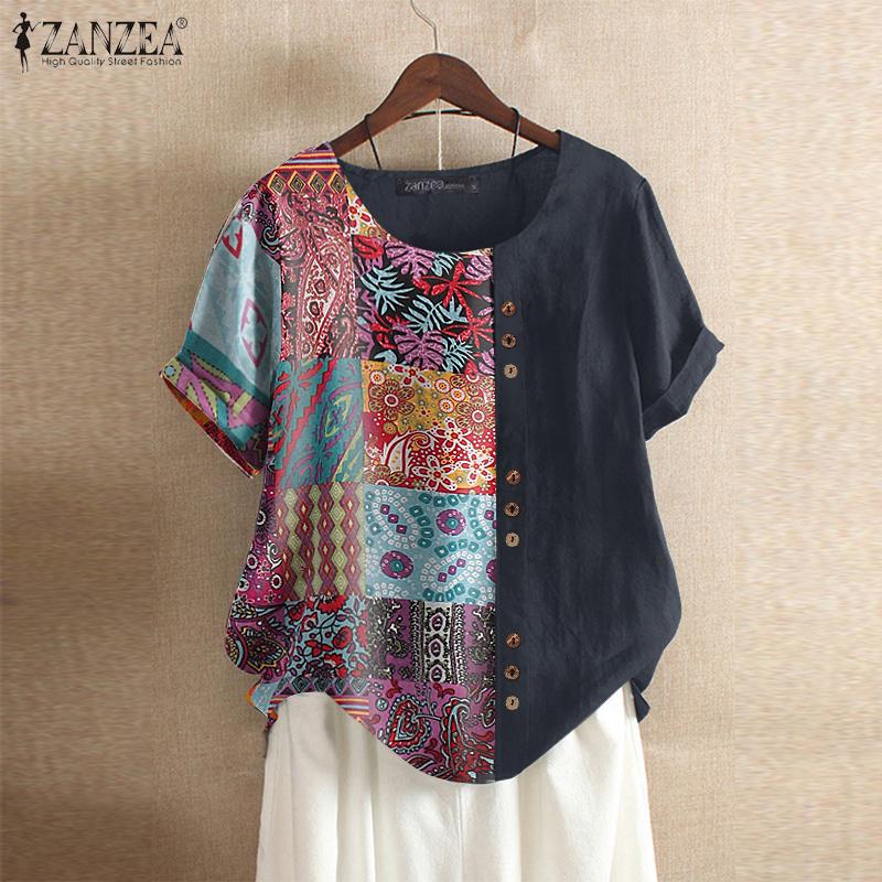 ZANZEA Women Ethnic Print Patchwork Summer Short Sleeve Cotton Tee Shirt Tops