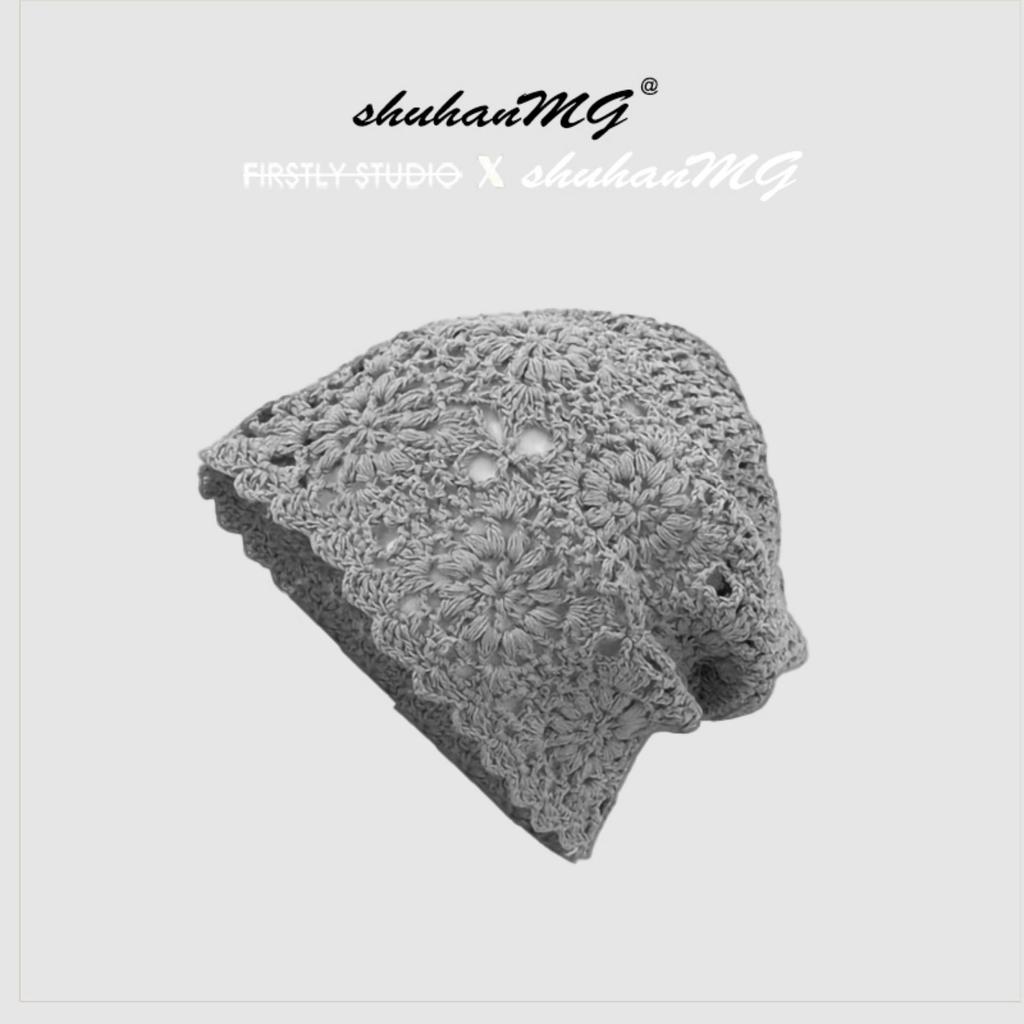 New big head circumference handmade crochet wool hat women's hollow knitted headhat showing face small thin stacking hat