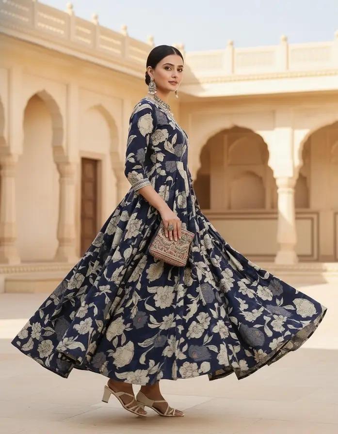 Women Printed Pure Cotton Anarkali Kurta (Multicolor)