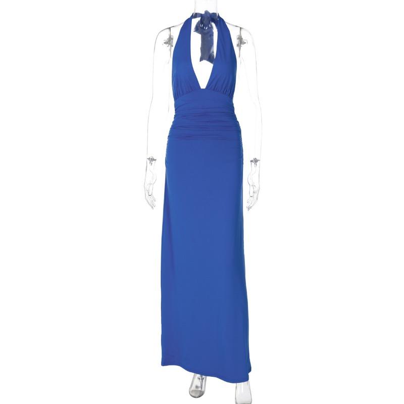 Women s Summer New Solid Color Sleeveless Sexy Word Collar Neck Strap Backless Dress S синий