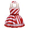 Girls Christmas Costume Sleeveless Mock Neck Keyhole Back Mesh Patchwork Stripes Print Dress