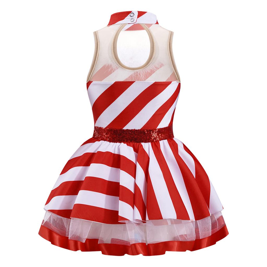 Girls Christmas Costume Sleeveless Mock Neck Keyhole Back Mesh Patchwork Stripes Print Dress