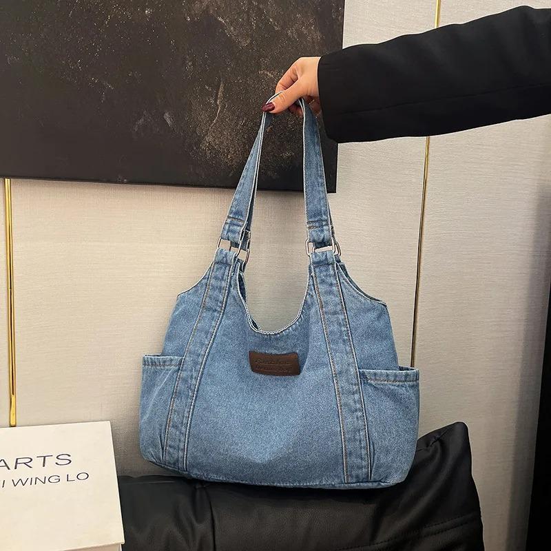 Casual Versatile Denim Vest Shoulder Bags for Women Large Capacity Ladies Shopping Tote Bag Thread Design College Girls Handbags