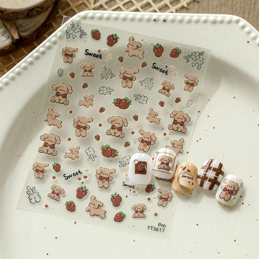 Adorable Cartoon Bear & Strawberry Nail Art Stickers with Small Flowers - Wearable, Back Adhesive No specifications
