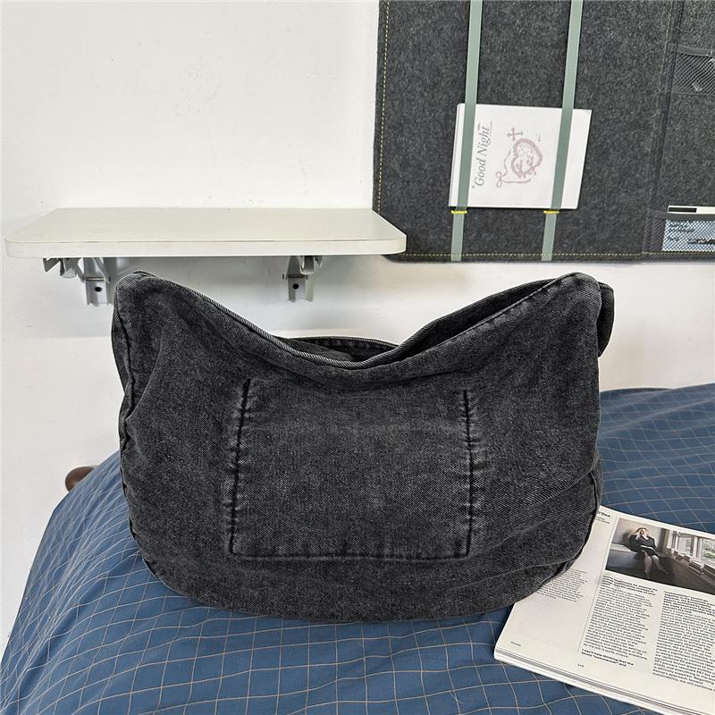 Borsa Hobo in Denim Lavato Vintage con Doppie Tasche Frontali a Pattina Borsa a Spalla Casual Morbida per Donne Quotidiana