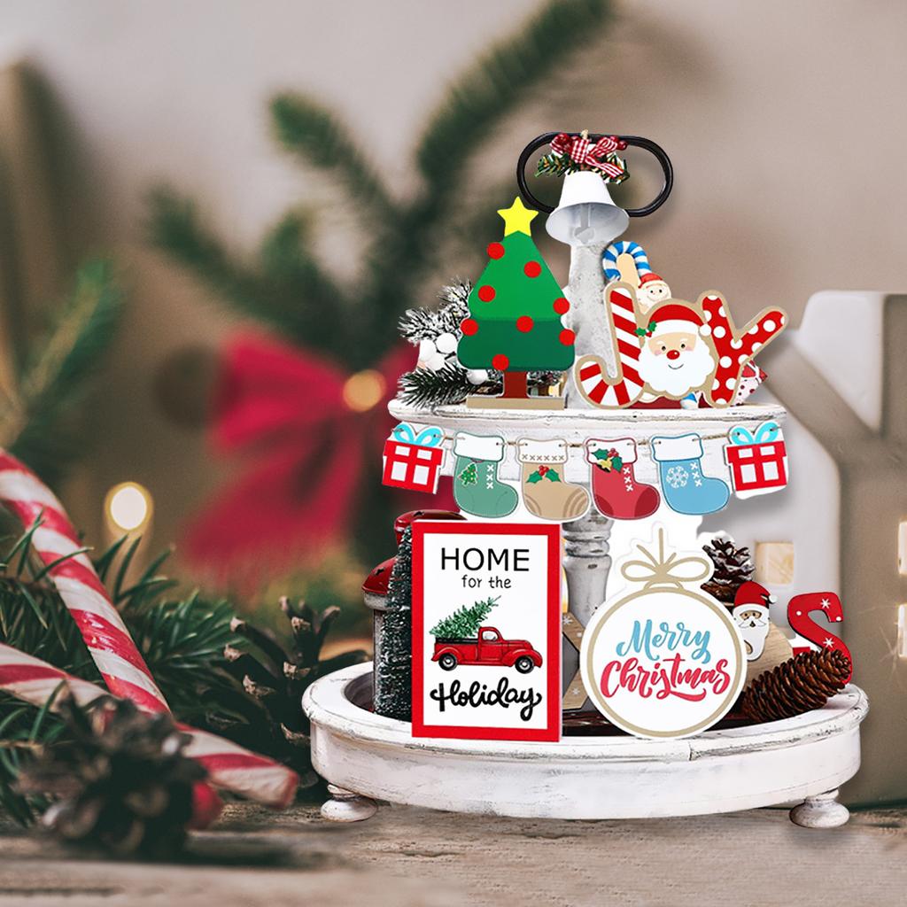 Xmas Tiered Tray Decor Rustic Wooden Xmas Tiered Tray for Holiday Table Decoration