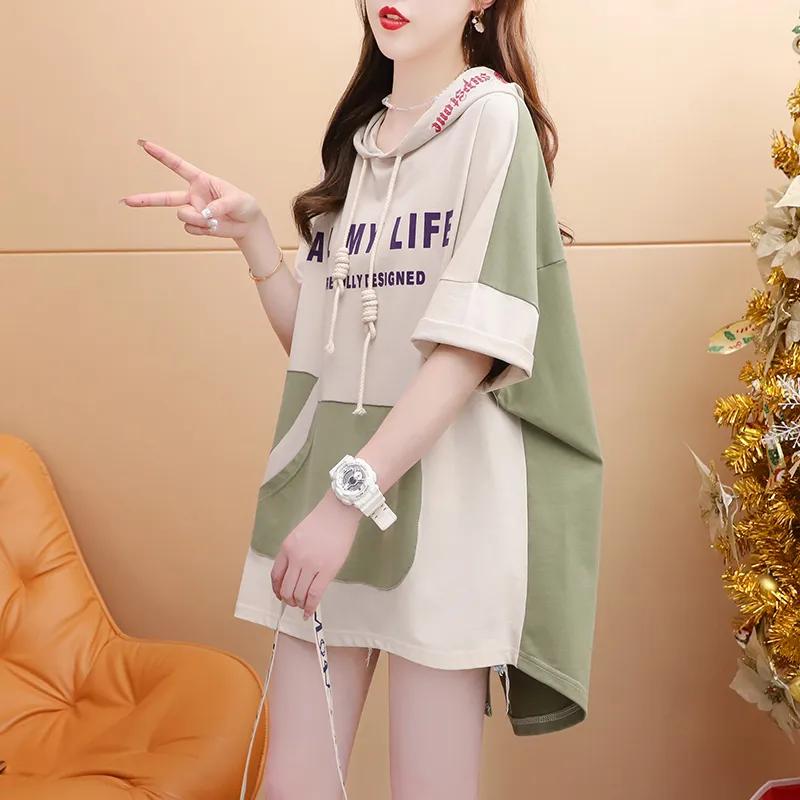 

Летняя женская футболка с капюшоном и контрастной вставкой сзади, свободный крой, верхняя одежда, средние и длинные топы для женщин M зелёный