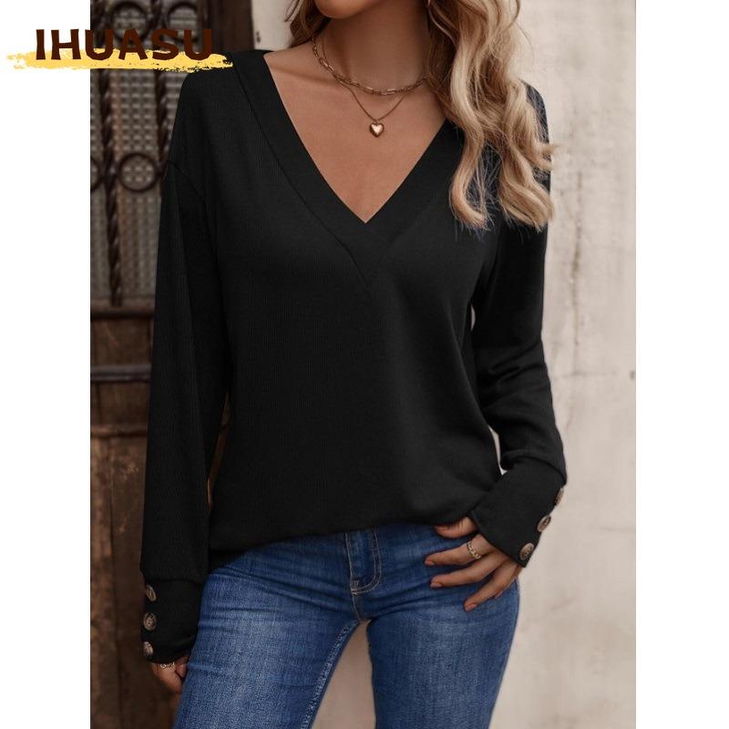 IHUASU Camicette e camicie da donna con scollo a V, maniche lunghe, stampa tinta unita casual alla moda