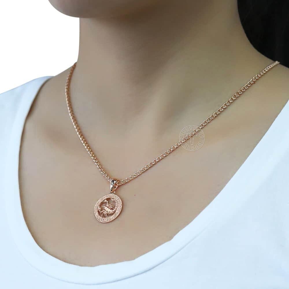 Women's Zodiac Sign Pendant 12 Constellation Charm 585 Rose Gold Necklace Aries Leo Scorpio 3mm Snail Jewelry