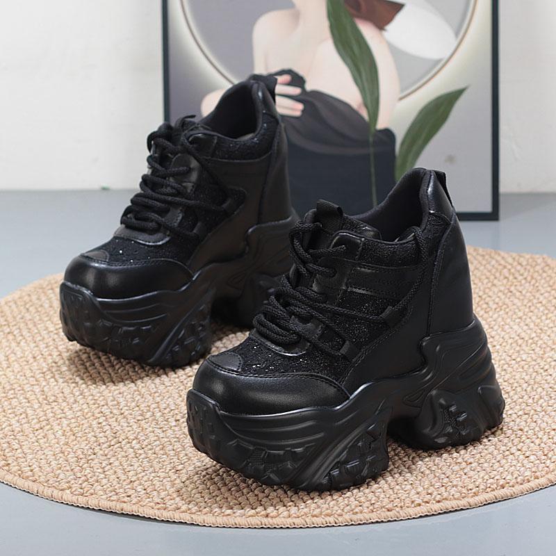 Fashion 14CM Air Mesh Synthetic Genuine Leather Platform Wedge Flats Women Vulcanize Hollow Summer Chunky Sneakers Shoes