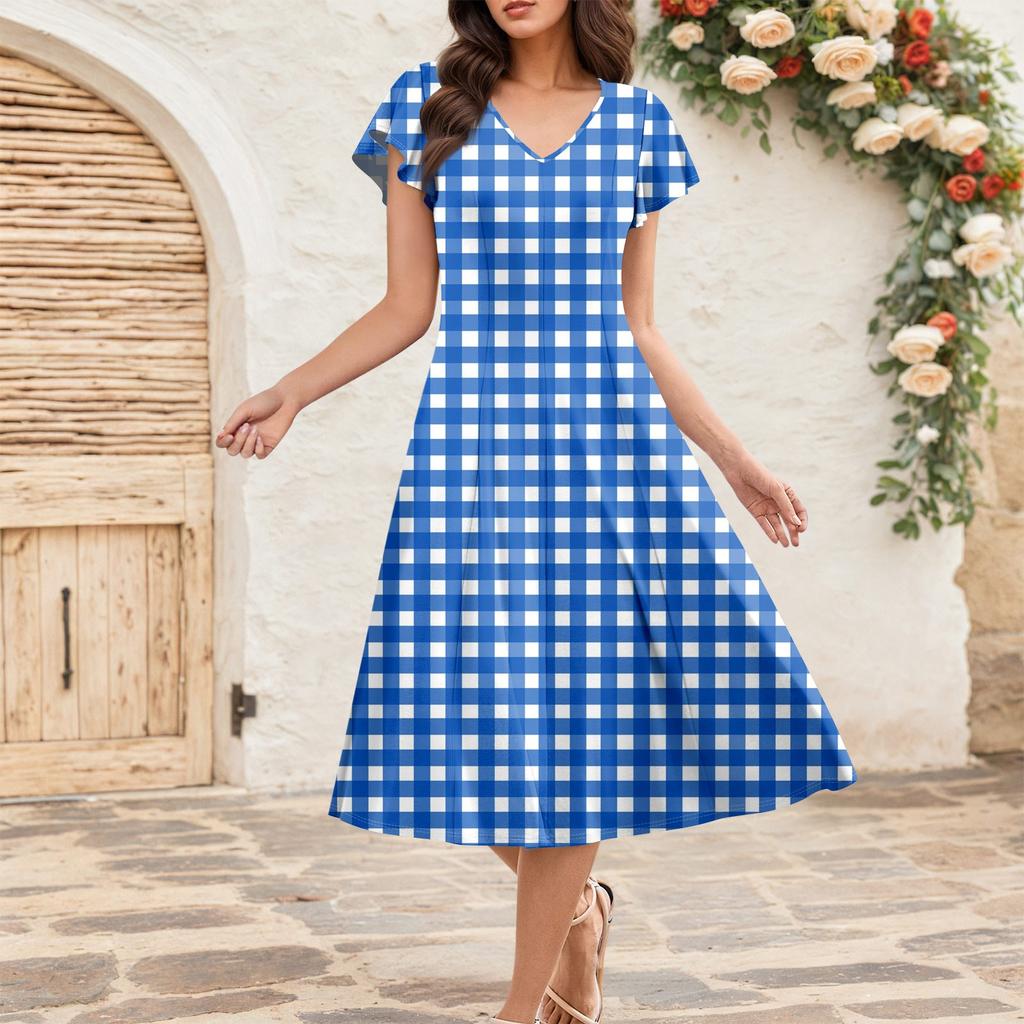 Rochie Midi Elegantă Retro de Vară pentru Femei cu Mâneci Volan V-Gât