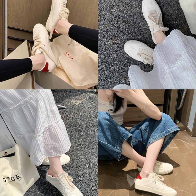 ~ Old cowhide lace-up casual versatile sports board shoes round head white shoes women's new models