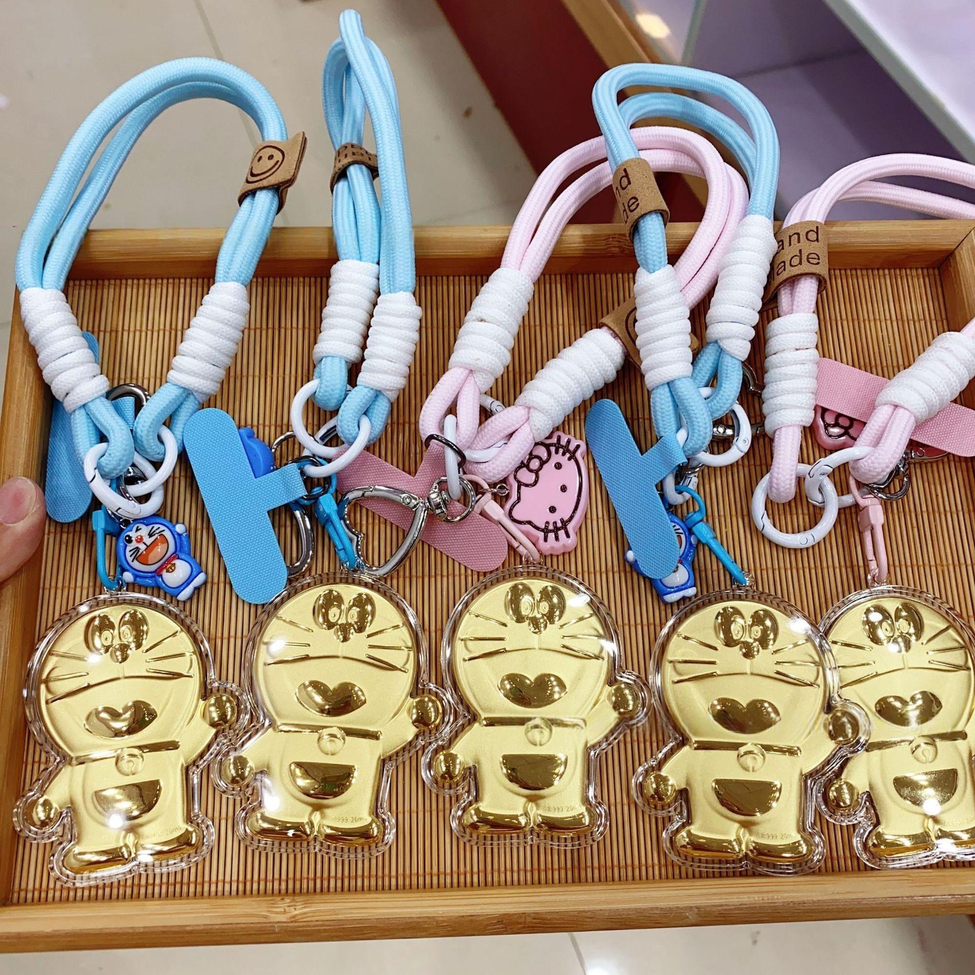 Doraemon 999 Pure Gold Keychain: Cat Ding Dang, Pink Strawberry, Bear Lanyard, Phone Strap & Bag Pendant.