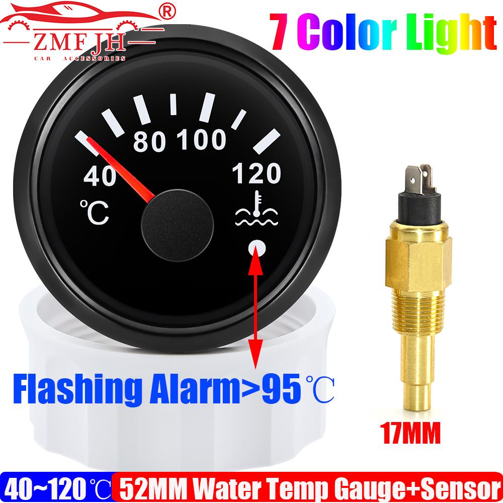 Auto Car 52MM Water Temperature Gauge with Warning Sensor 12MM,14MM,16MM 40-120℃ Water Temp Meter Indicator 7 Color Backlight