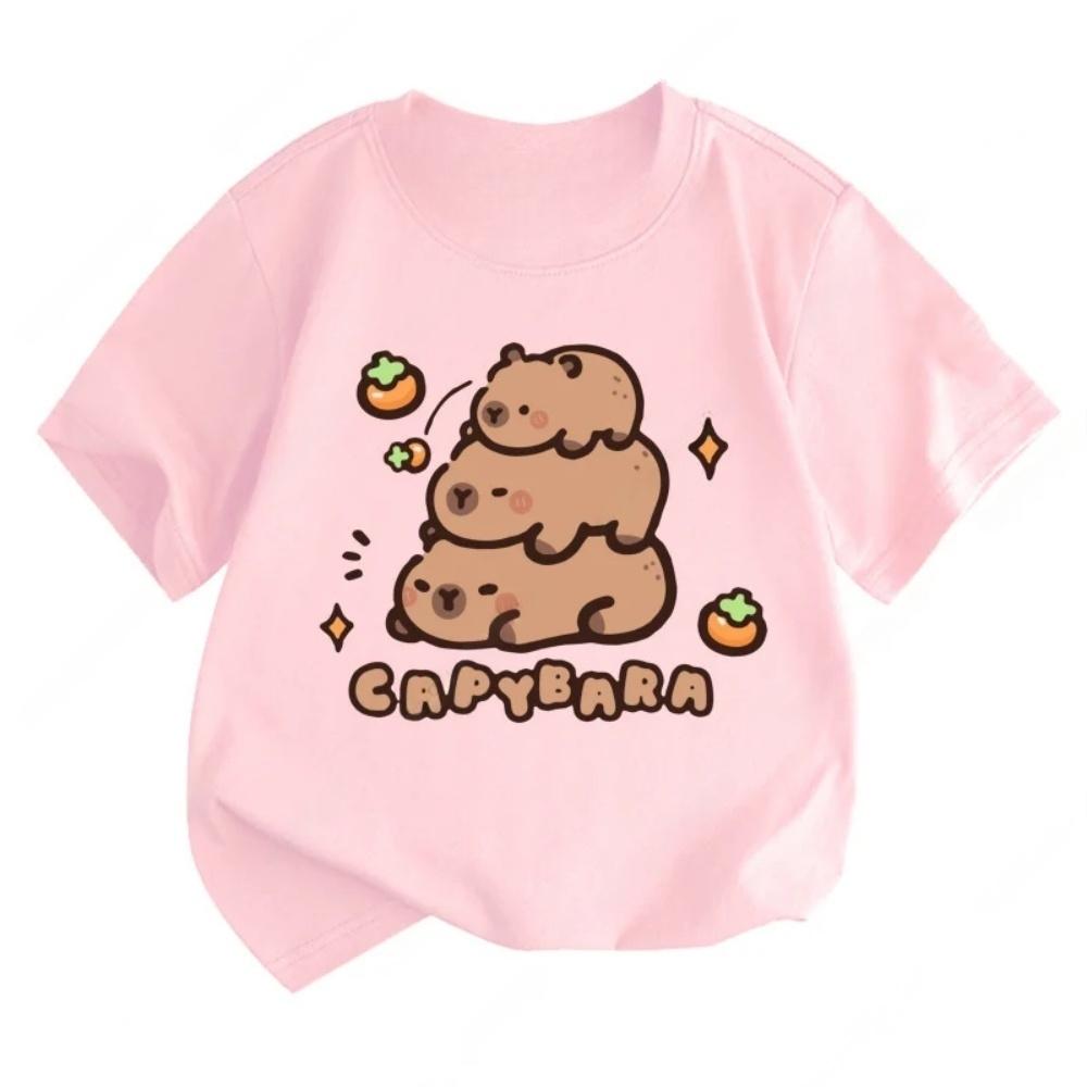 Capybara Girls' T-Shirt Summer Cute Graphic T Shirts O-Neck Girls Short Sleeve Clothing Fashion Casual Tops Children's Clothing
