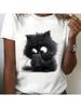 Whimsical Cartoon Cat Print T-Shirt Crew Neck Short Sleeve Casual Tee For Cat Lovers Fashionable Knit Fabric Top All Seasons