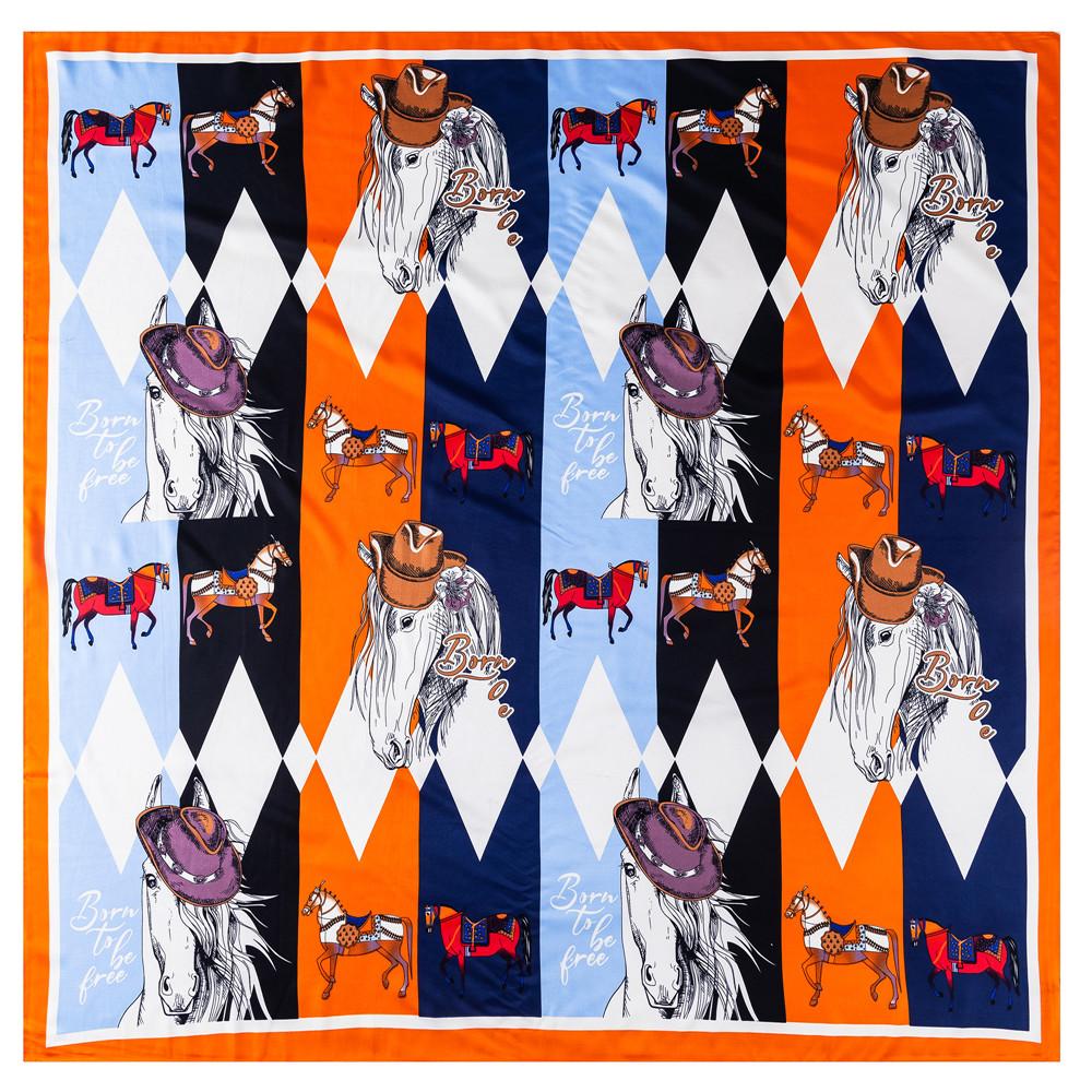 POBING Silk Scarf Women Large Shawls Horse Print Stoles Square Bandana Luxury Kerchief Big Hijab Scarf Female Foulards 130CM