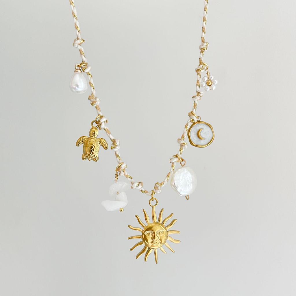 Personalized DIY Knot Rope Chain Lotus Feather Pendant Necklace with Color Retention Sun Wheel