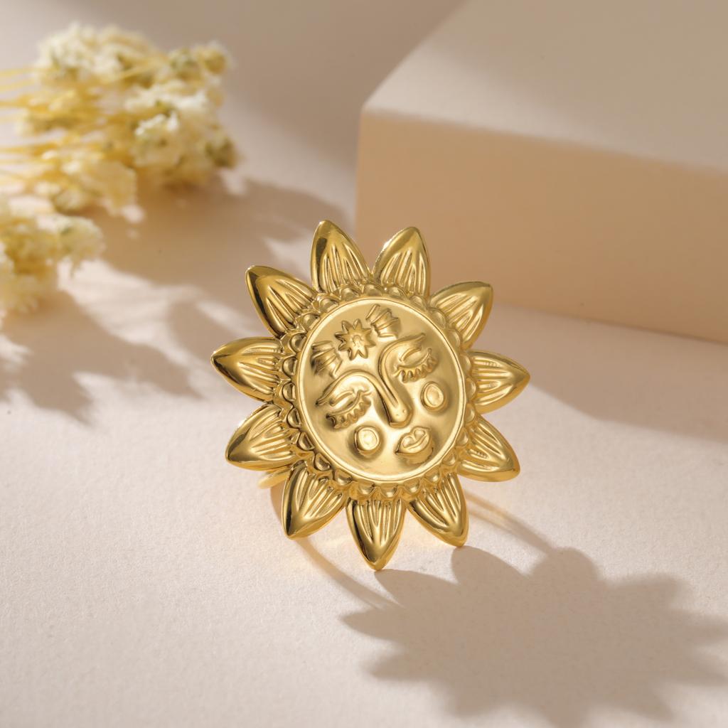 Teamer Big Sunflower Open Ring For Women Stainless Steel Gold Color Adjustable Finger Rings Bohemian Jewelry Gift Wholesale