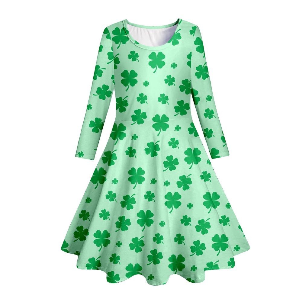 Girls' 3D Shamrock Dress Long Sleeve Summer Spring Vacation Daily Holiday Princess Beautiful Sweet Kids 4-12 Years Casual Dress A Line Dress