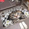 Kitten and Daisy Welcome Doormat Cute Tabby Cat with Plaid Blanket Print Non Slip Floor Mat for Cat Lovers
