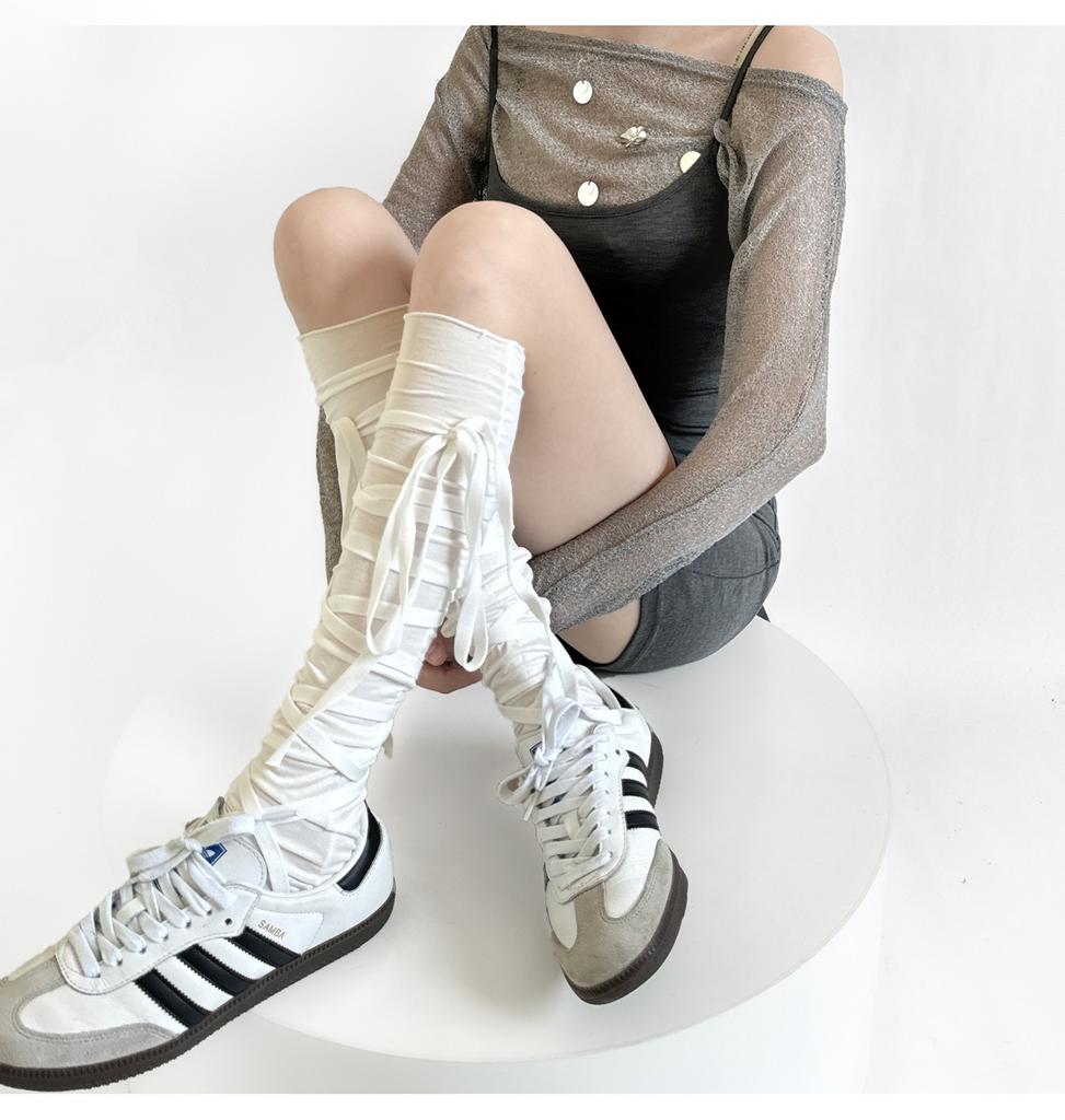 Korean Casual Balletcore Sock for Girl Sheer White Knee-High Stockings Adjustable Ribbon Bow Ties Romantic Bow Accent Legwear