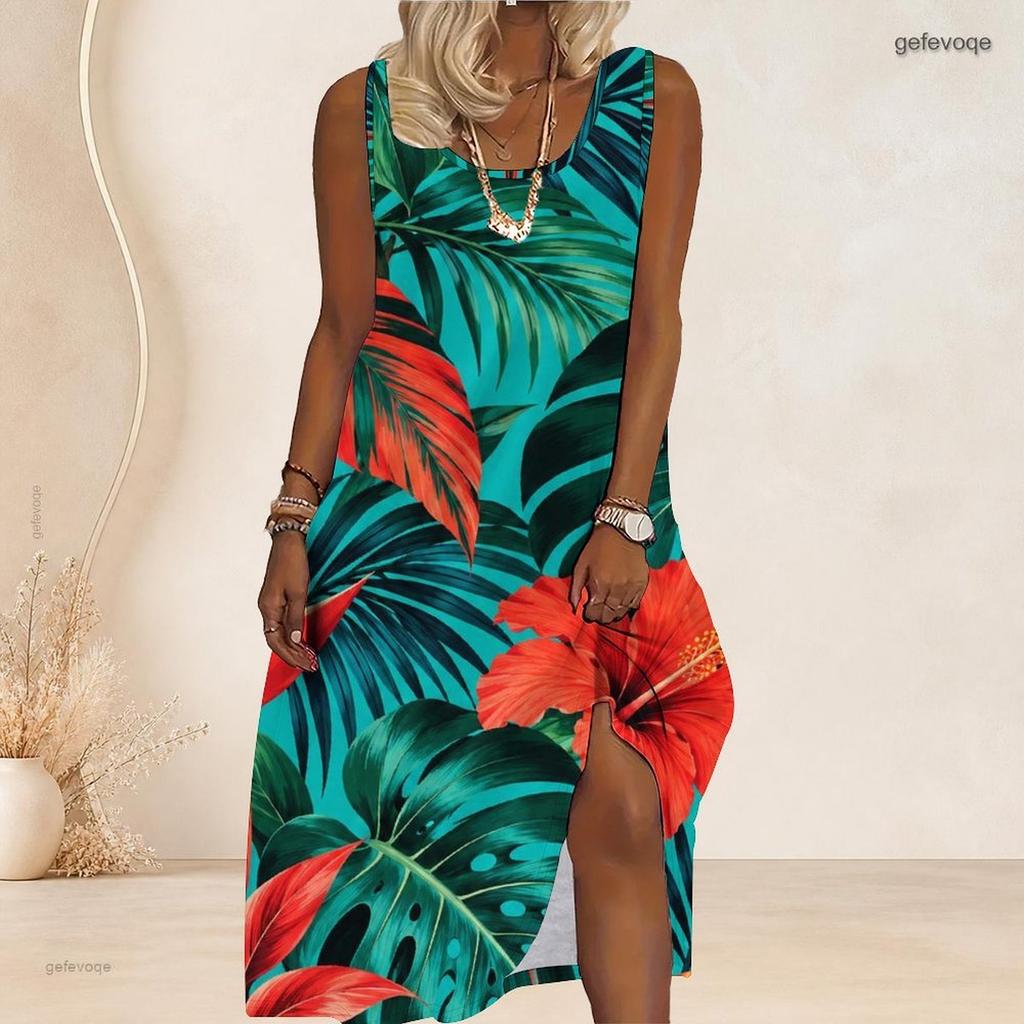Women Plus Size Scoop Neck Sleeveless Floral Printed A Line Long Dress