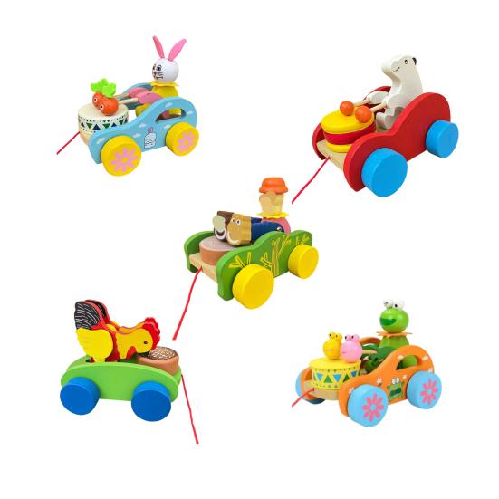 Pull String Wooden Car Toy Toddlers Boys Girls Cartoon Animal Drum Beating Vehicle Toy Educational Motor Skill Early Development Pulling Rope Car