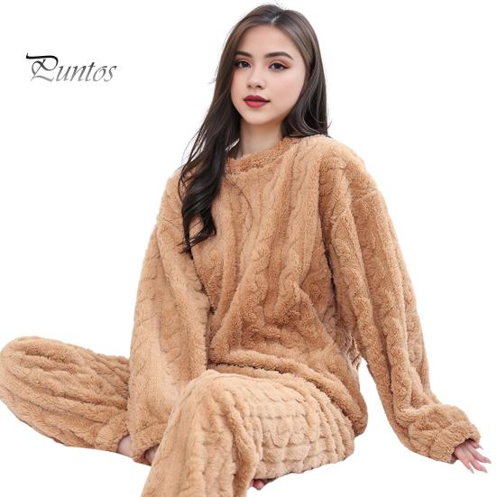 

Комплект из 2 предметов, зимняя пижама, утолщенный коралловый флис, скрученная текстура, круглый вырез, длинные рукава, эластичная талия, брюки, домашняя одежда, одежда для отдыха кофейный