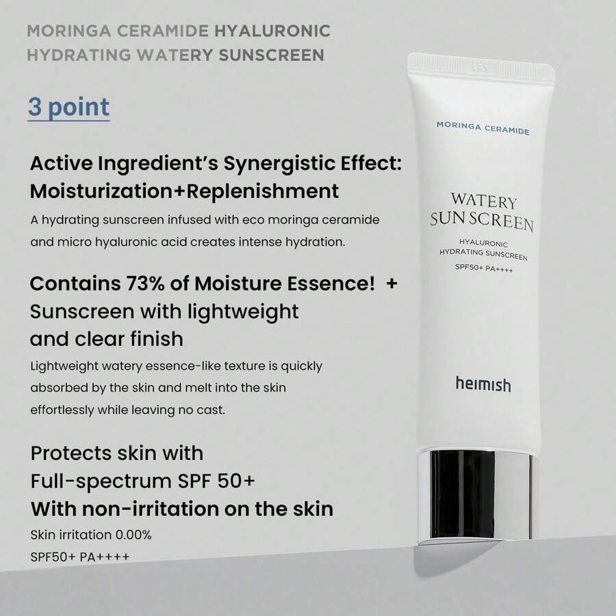 heimish Moringa Ceramide Hyaluronic Hydrating Watery Sunscreen 50ml - SPF Face Moisturiser, Daily Sunscreen For Face, Broad Spectrum SPF 50