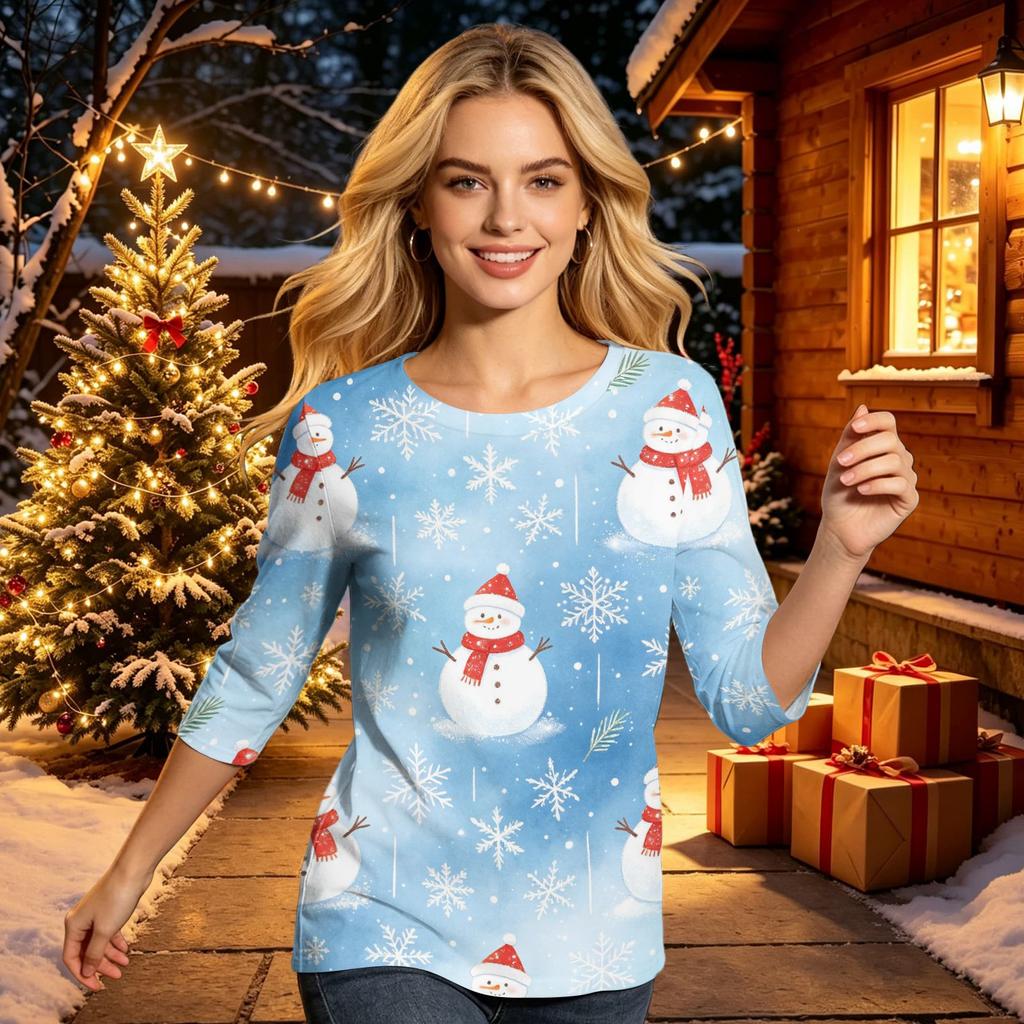 Women's Casual 3/4 Sleeve Round Neck Top with Christmas Print