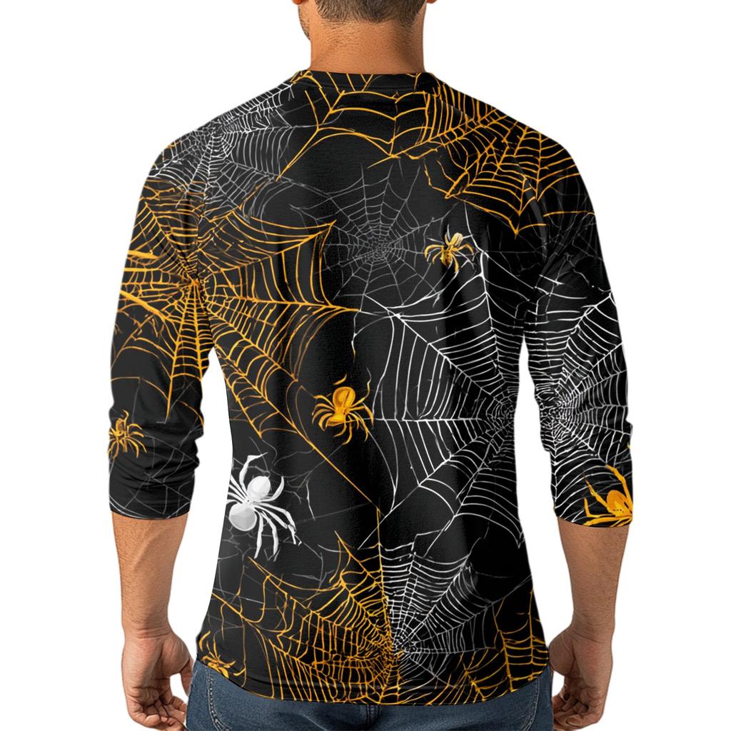 Men Casual Halloween Print Henley Shirt Raglan Sleeve Three Quarter Length Button Front Top