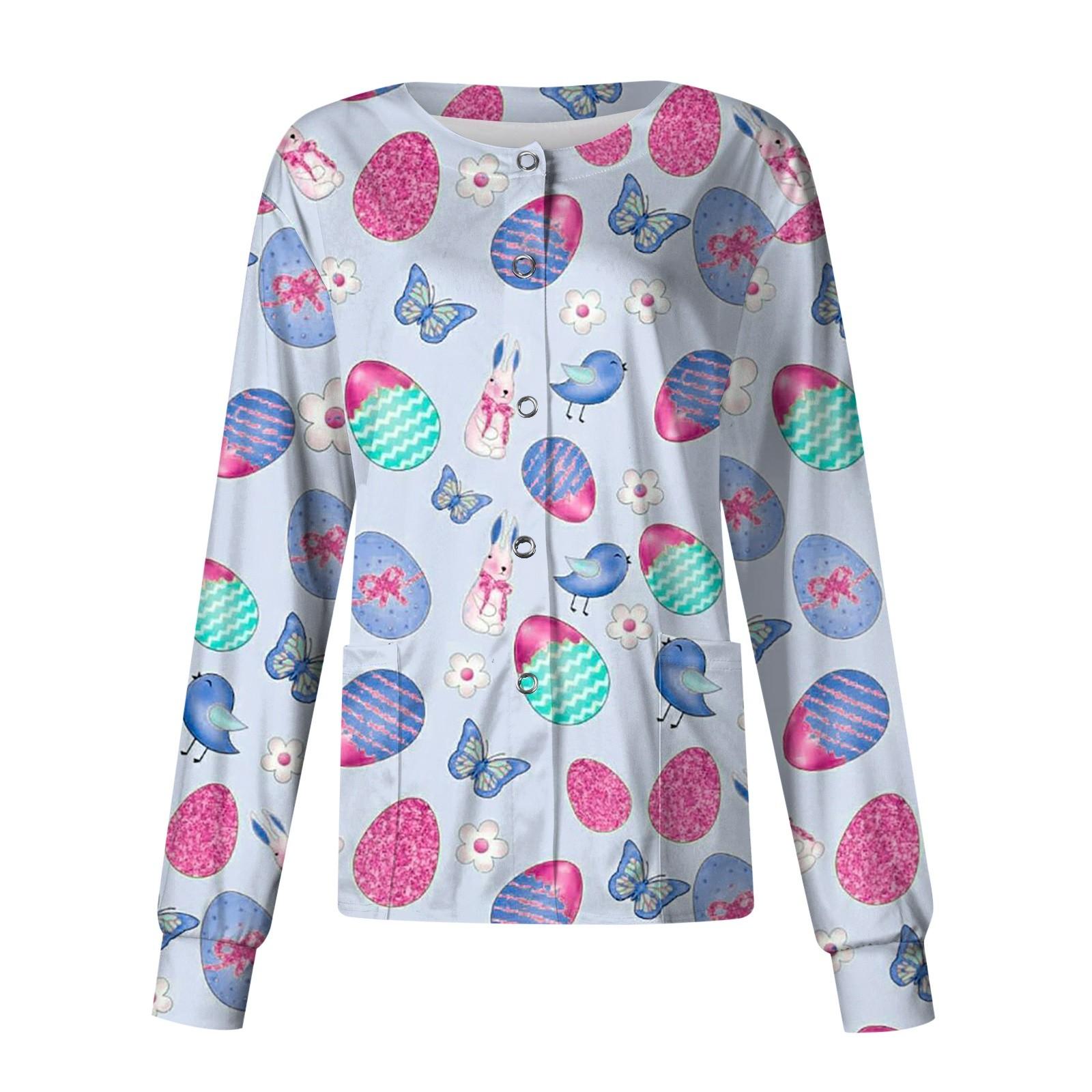 Women s Casual Fashion Stand-up Collar Single Breasted Easter Printed Nurses Tops XL