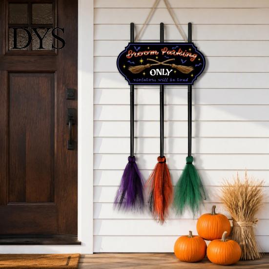 Spooky Charm Indoor Party Decor Halloween Broom Parking Sign with 3 Witch Brooms, Hocus Pocus Themed Wooden Sign, Reusable Farmhouse Entrance
