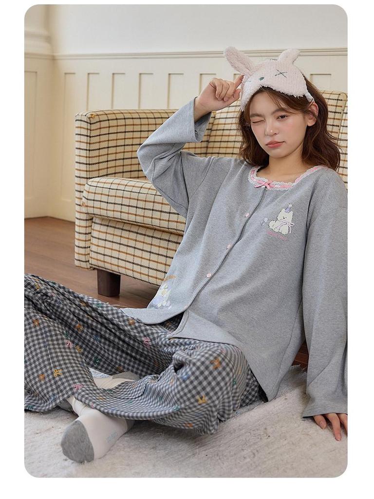 Women's Long-Sleeve, Long-Pant Pajama Onesie with Built-in Bra Pad, Round Neck, Wearable Outdoors, Cute for Home or Casual Wear