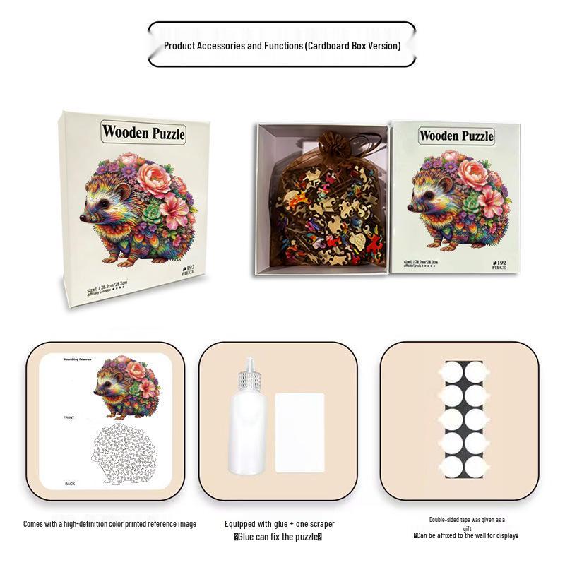 HOOLOOG Wooden Hedgehog Flower Puzzle Box - Handmade Educational DIY Jigsaw Toy Gift