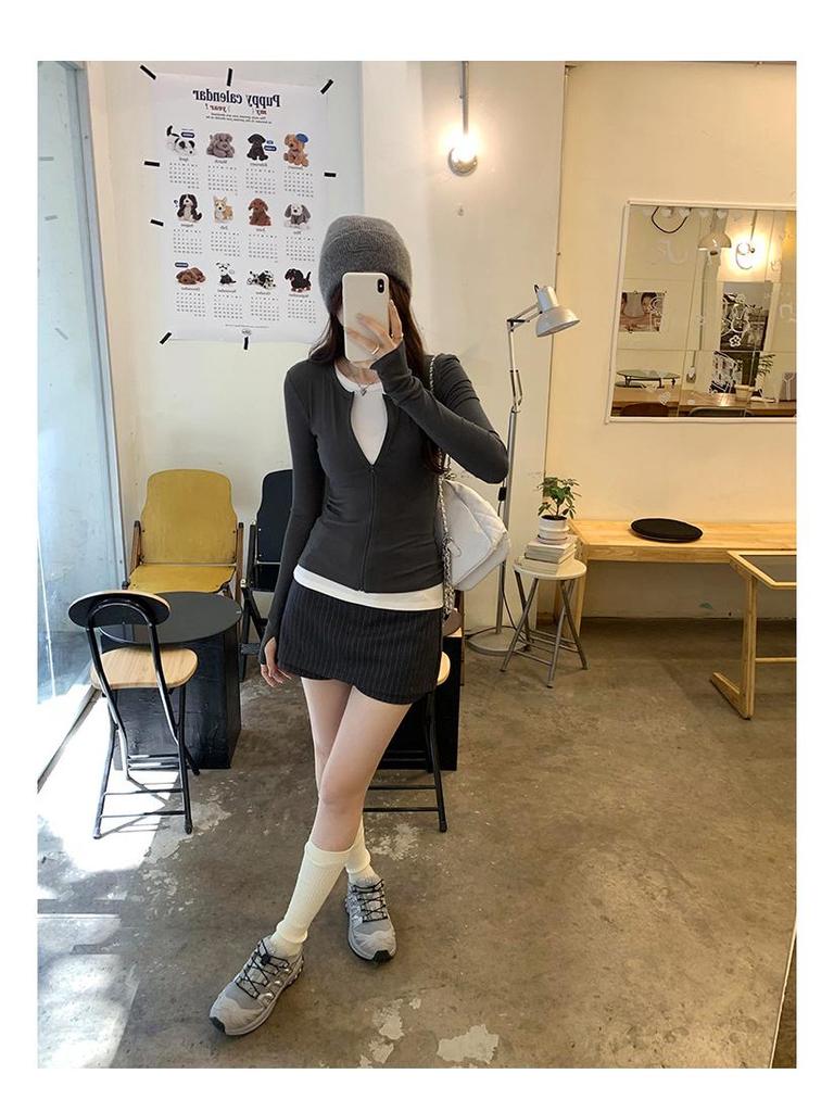 Women's Korean Style Colorblock Zip-Up Cardigan Long Sleeve T-Shirt - Autumn/Winter 2024 Slimming Top