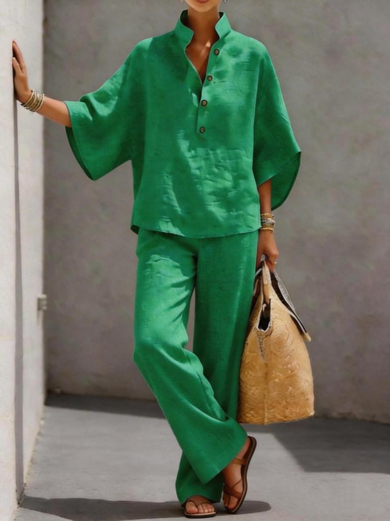 Women's Summer New Arrivals Cotton Linen Shirt Top Pants Set