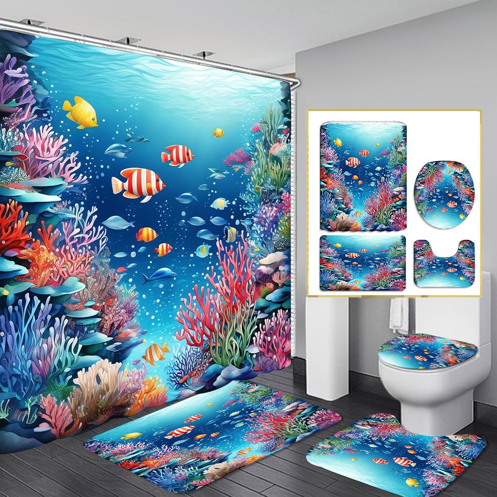 Christmas Shower Curtain Four-Piece Non-Punching Partition Curtain Digital Printing Bathroom Dress